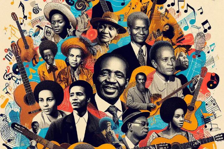Vários brasileiros negros representando a influência negra na música brasileira