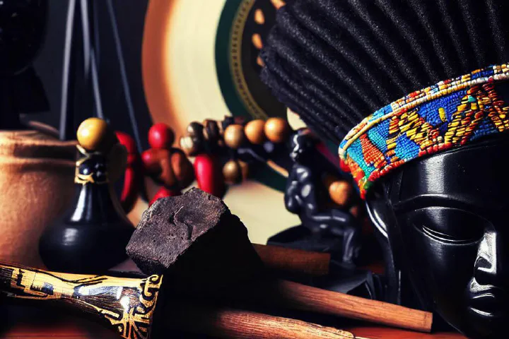 Uma máscara da cultura africana e outros objetos e instrumentos da cultura afro