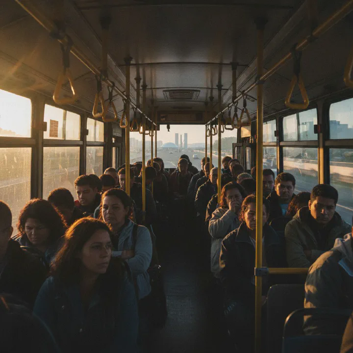 Ônibus cheio de passageiros em avenida de Brasília, com o Plano Piloto ao fundo