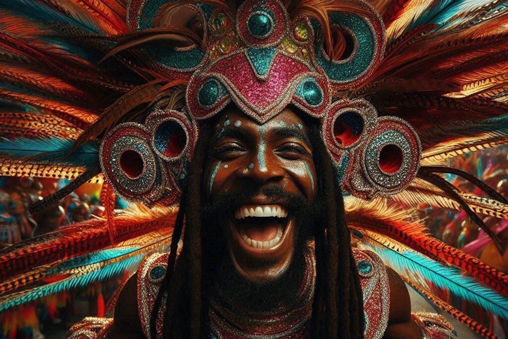 Homem negro comemorando o carnaval no sambódromo com fantasia de carnaval