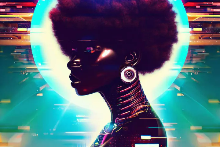 Uma mulher representada em arte de estilo africano com aspectos futuristas