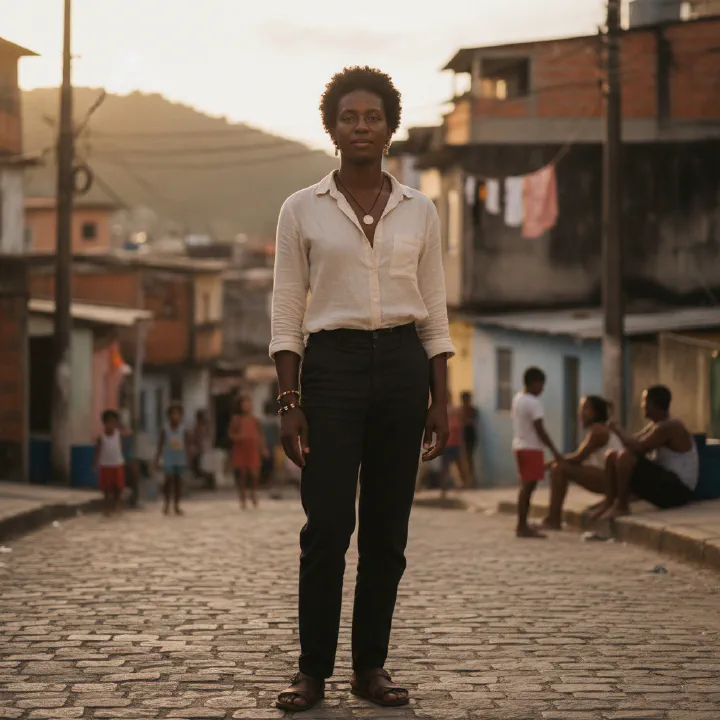 Retrato de mulher negra em ambiente de comunidade e acolhimento
